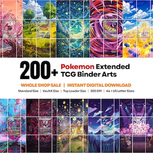 以下が含まれることがあります： 200種類以上のポケモンTCGバインダー用デジタルアートコレクション。風景、星空、キャラクターシーンなど、色鮮やかなイラストが多数含まれています。テキストには「200+ Pokemon Extended TCG Binder Arts」「300 DPI」「A4 + US Letter Sizes」と記載されています。
