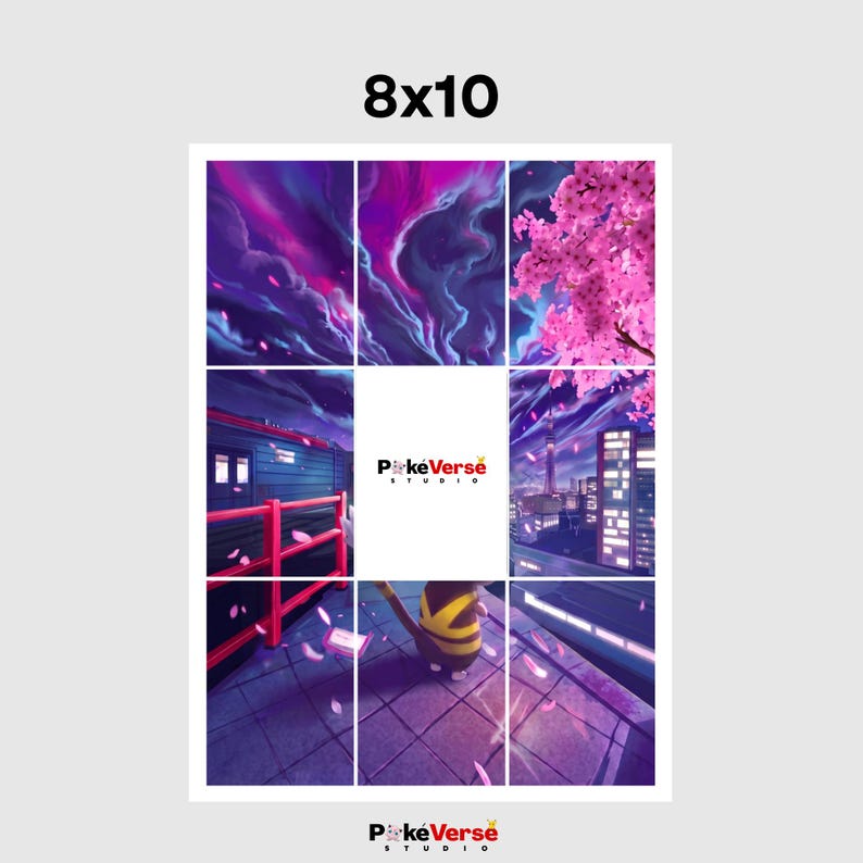 May include: An 8x10 print featuring a grid of nine panels depicting a night scene with a purple sky, pink cherry blossoms, a train station platform with a red railing, a city skyline, and a character with a yellow and black striped tail.