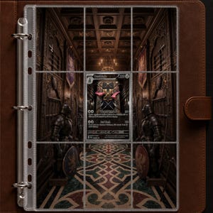 May include: A brown leather three-ring binder containing a clear plastic trading card sleeve. A single Doublade trading card is inserted in the centre pocket, featuring a dark, ornate hallway background with two suits of armour and a patterned floor.