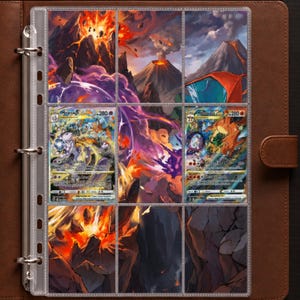 Puede incluir: Una carpeta de cuero marrón que contiene una página de plástico de nueve bolsillos llena de cartas coleccionables. Las cartas muestran ilustraciones vibrantes de paisajes volcánicos y dos personajes, Mewtwo y Charizard, con texto.