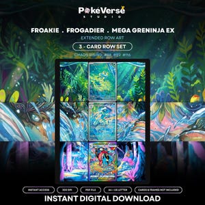 May include: A 3-card row set of extended row art featuring Froakie, Frogadier, and Mega Greninja EX. The digital print displays vibrant blue and green underwater scenes with aquatic flora. Text includes PokeVerse Studio, Chaos Rising #88 #89 #116.