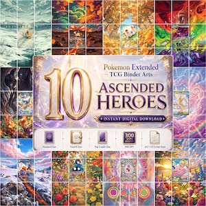 Può includere: Una collezione digitale di 10 illustrazioni estese per raccoglitori TCG Pokemon intitolata Ascended Heroes. La grafica presenta un grande numero 10 dorato, testo e icone per dimensioni Standard, VaultX, Top Loader, 300 DPI, A4 e US Letter.