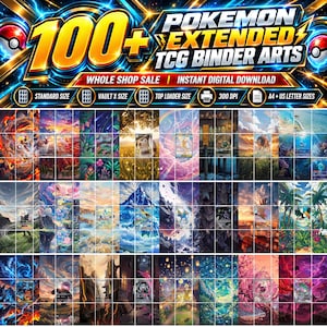May include: A digital collection of 100+ Pokemon extended TCG binder arts featuring various colorful landscape illustrations. The graphic includes text reading 100+ POKEMON EXTENDED TCG BINDER ARTS, WHOLE SHOP SALE, INSTANT DIGITAL DOWNLOAD, and icons for sizes.