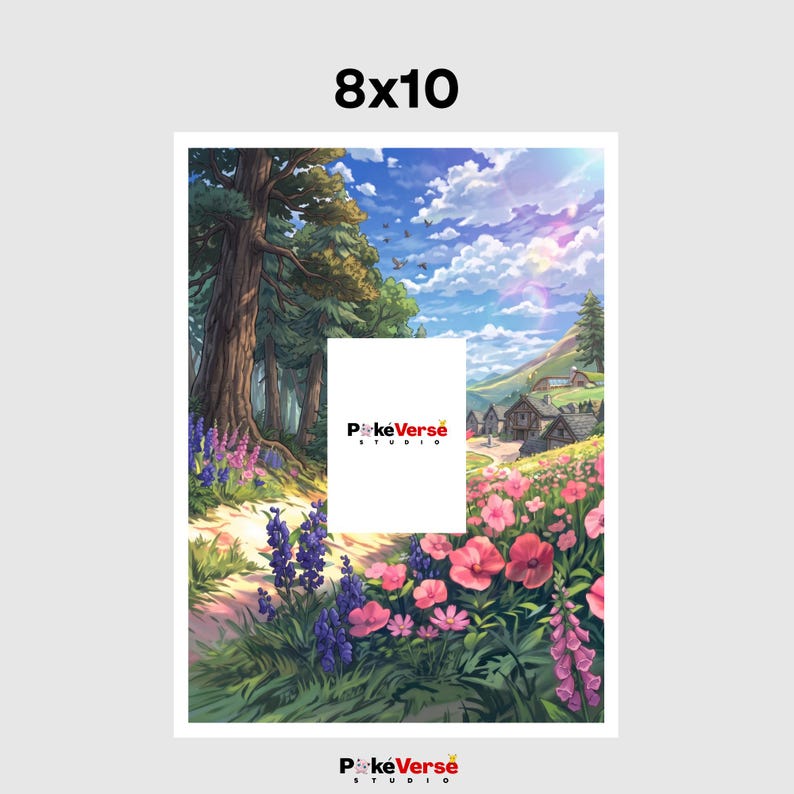 May include: An 8x10 inch art print featuring a vibrant landscape with a large tree, purple and pink wildflowers, and a small village in the distance under a blue sky with clouds. The center contains a white rectangle with the text PokeVerse Studio.