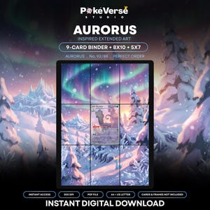Könnte beinhalten: Eine digitale Anzeige mit einem 9-Karten-Ordner-Layout mit von Aurorus inspirierter erweiterter Kunst. Das Bild zeigt eine verschneite Landschaft mit Nordlichtern, Text mit PokeVerse Studio, Aurorus, 9-Card Binder + 8x10 + 5x7 und Instant Digital Download.