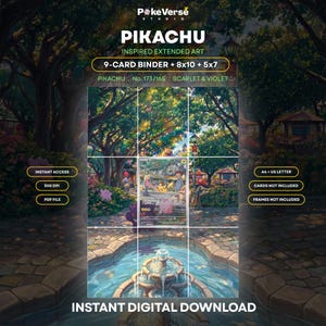 Peut inclure: Un téléchargement numérique présentant l'art étendu inspiré de Pikachu par PokeVerse Studio. Comprend un classeur de 9 cartes, des impressions 8x10 et 5x7. L'image montre un parc avec une fontaine, Pikachu et d'autres personnages. Le texte inclut Instant Access, 300 DPI, PDF File, A4 + US Letter, Cards Not Included, Frames Not Included et Instant Digital Download.