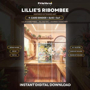 Könnte beinhalten: Ein digitaler Kunstdruck mit dem Titel Lillie's Ribombee, der eine erweiterte Illustration eines Charakters und eines Ribombee in einem Laden zeigt. Das Bild enthält Textbeschriftungen für 9-Karten-Ordner, 8x10, 5x7, A4, US Letter, 300 DPI, PDF-Datei und Sofort-Download.
