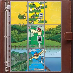 May include: A brown three-ring binder containing nine clear plastic pockets. Three Pokémon trading cards are displayed in the center column: Pidgey, Pidgeotto, and Pidgeot ex, each featuring artwork that extends across the surrounding empty pockets.