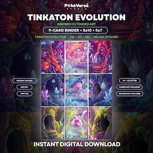 Könnte beinhalten: Ein digitales Download-Set mit erweiterter Kunst, inspiriert von Tinkaton Evolution, für einen 9-Karten-Ordner sowie 8x10- und 5x7-Drucke. Die Grafik zeigt drei Charakterkarten mit rosa und violetten Höhlenhintergründen, Textbeschriftungen und Dateispezifikationen, einschließlich 300 DPI und PDF-Format.