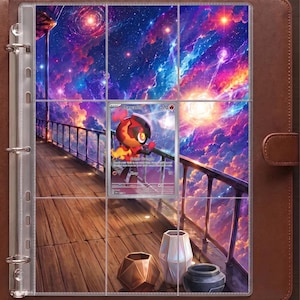 May include: A brown leather binder with a clear plastic page containing a Charcadet trading card. The card features a character on a wooden balcony overlooking a vibrant nebula sky with purple, pink, and orange clouds and bright stars.