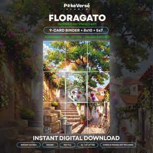 Puede incluir: Una descarga digital con arte extendido inspirado en Floragato para una carpeta de 9 cartas, impresiones de 8x10 y 5x7. La imagen muestra una escalera de piedra en un pueblo soleado con árboles, flores, cajas de cartón y una bicicleta. El texto incluye PokeVerse Studio, Floragato, No. 197/193, Paldea Evolved e Instant Digital Download.