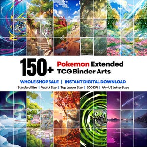 Puede incluir: Una colección de más de 150 artes de carpetas TCG de Pokemon extendidas con diversos paisajes ilustrados, bosques, cielos estrellados y escenas estacionales. El texto dice 150+ Pokemon Extended TCG Binder Arts, Whole Shop Sale, Instant Digital Download.