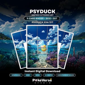 Könnte beinhalten: Ein digitaler Kunstdruck mit Psyduck 226/217 und erweiterter Grafik. Das Bild zeigt ein 9-Karten-Rasterlayout, 8x10- und 5x7-Formate, mit einer gelben Entenfigur in einer lebendigen Unterwasser-Korallenriff-Szene unter blauem Himmel.