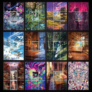 May include: A collection of twelve rectangular trading cards featuring diverse artistic illustrations, including landscapes, forest scenes, cozy interiors, and abstract patterns, each displayed within a grid layout on a black background.