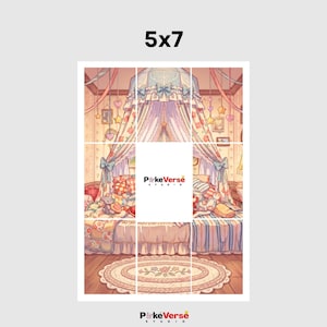 May include: A 5x7 print featuring an illustration of a bedroom with a canopy bed, patterned bedding, and a floral rug. The room has wallpaper, hanging star and heart decorations, and framed pictures. The text PokeVerse Studio is visible.