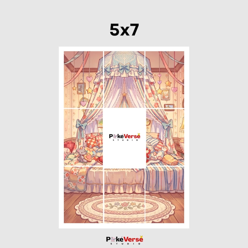 May include: A 5x7 print featuring an illustration of a bedroom with a canopy bed, patterned bedding, and a floral rug. The room has wallpaper, hanging star and heart decorations, and framed pictures. The text PokeVerse Studio is visible.