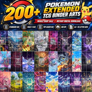 Könnte beinhalten: Eine digitale Sammlung von über 200 erweiterten Pokemon TCG-Ordner-Grafiken mit verschiedenen farbenfrohen Landschaften und Charakteren. Die Grafik enthält den Text POKEMON EXTENDED TCG BINDER ARTS, 300 DPI und A4 + US LETTER SIZES.