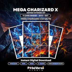 Peut inclure: Un ensemble d'art numérique intitulé Mega Charizard X Inspired Extended Art, comprenant une mise en page de classeur de 9 cartes, des formats 8x10 et 5x7, et Mega Charizard X EX 125/94. L'illustration montre des tourbillons d'énergie bleue et de la lave.