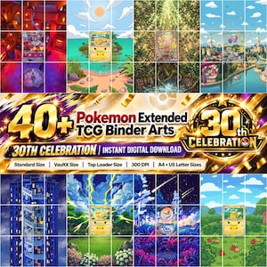 40+ Seiten im Set mit erweiterten Illustrationen zum 30. Jubiläum von Pokémon | Digitale Sammelkarten-Album-Illustrationen | Pokémon-Sammelkartenspiel-Ordner | Geschenk für Sammler
