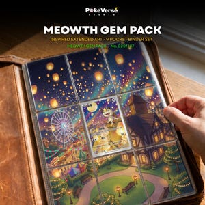 Może przedstawiać: Strona segregatora z 9 kieszeniami zawierająca zestaw kart Meowth Gem Pack. Karty przedstawiają rozszerzoną grafikę nocnego karnawału z diabelskim młynem, świecącymi lampionami i budynkiem. Tekst zawiera napisy PokeVerse Studio, Meowth Gem Pack.