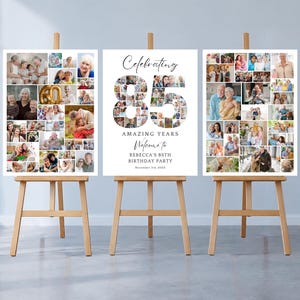 Könnte beinhalten: Drei vertikale rechteckige Plakate auf Holzstaffeleien. Die linken und rechten Plakate zeigen Fotocollagen. Das mittlere Plakat zeigt den Text Celebrating 85 AMAZING YEARS Welcome to REBECCA'S 85TH BIRTHDAY PARTY November 3rd, 2022.
