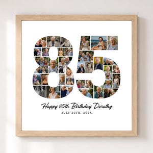 Puede incluir: Un marco de madera cuadrado que contiene un collage de fotos dispuesto en forma del número 85. El collage presenta varios retratos de una persona mayor. Debajo de los números, el texto dice Happy 85th Birthday Dorothy JULY 20TH, 202X.