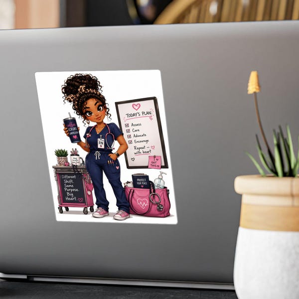 African American Nurse Decal | Cartoon RN Sticker, Healthcare Worker Gift