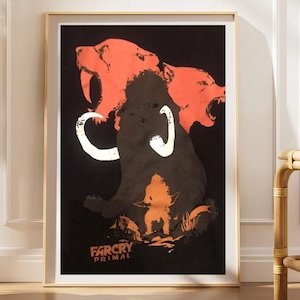 Puede incluir: Un cuadro rectangular enmarcado con fondo negro que muestra la silueta oscura de un mamut y dos gatos dientes de sable naranjas rugiendo. Una pequeña figura humana naranja con un arco se encuentra en la parte inferior, con el texto FARCRY PRIMAL.
