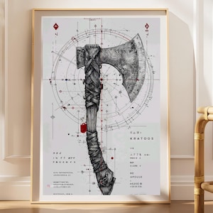 Plakat z toporem Lewiatana, nordycki schemat, ilustracja broni wikingów, dekoracja ścienna dla gracza