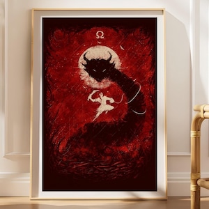Peut inclure: Une impression d'art murale encadrée rectangulaire présentant un fond rouge foncé avec la silhouette d'un grand dragon noir enroulé autour d'une lune pâle. Une silhouette blanche armée d'une lame courbe bondit vers le dragon, avec la lettre grecque Oméga au-dessus.