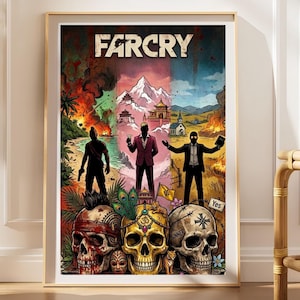 Puede incluir: Un póster rectangular vertical titulado FAR CRY que presenta una ilustración colorida de tres figuras frente a un paisaje montañoso, con tres grandes calaveras en la parte inferior. La obra muestra fuego, paisajes tropicales y símbolos religiosos.