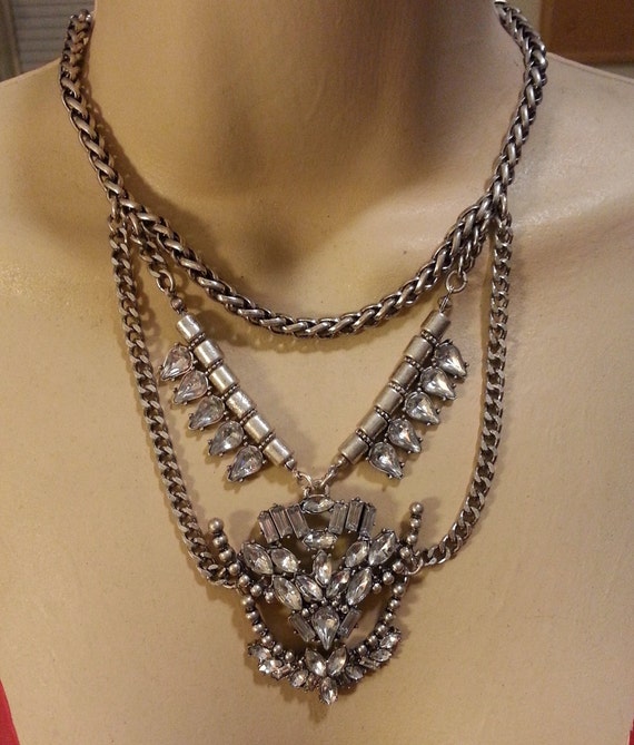 Signed Statement Necklace Silvertone Chains Clear… - image 7