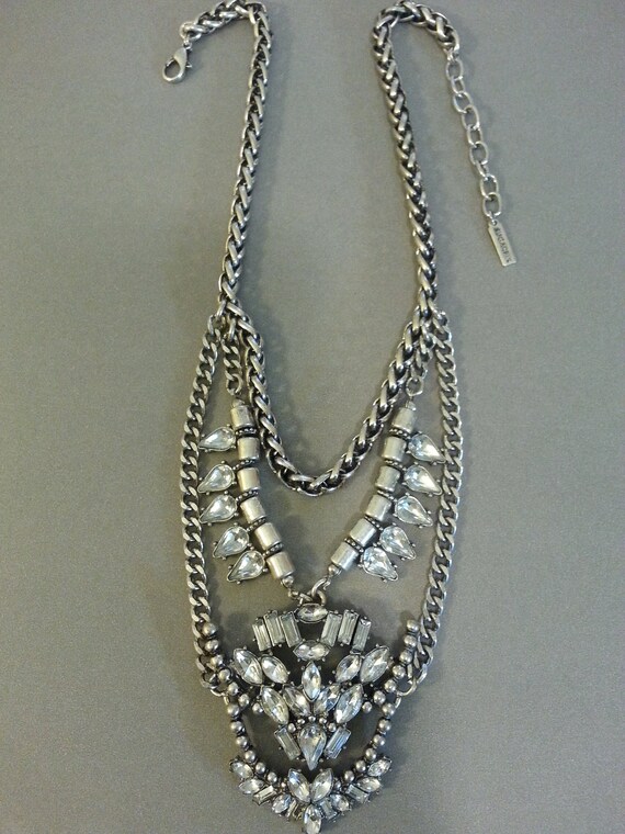 Signed Statement Necklace Silvertone Chains Clear… - image 2