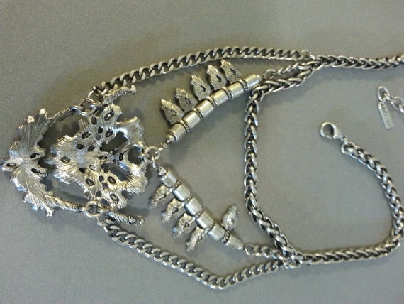 Signed Statement Necklace Silvertone Chains Clear… - image 6