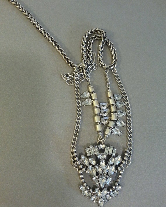 Signed Statement Necklace Silvertone Chains Clear… - image 3