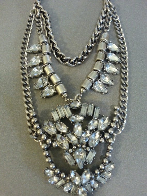 Signed Statement Necklace Silvertone Chains Clear… - image 1