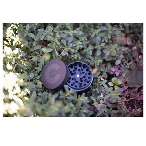 May include: A black and silver metal grinder with a circular design. The grinder is open and the top is off. The grinder is sitting on a bed of green leaves.