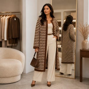 May include: A long, open-front cardigan featuring a brown and cream houndstooth pattern, worn over a cream-colored top and matching wide-leg trousers with a thin brown belt. A small brown handbag is held in one hand, and brown pointed-toe heels.