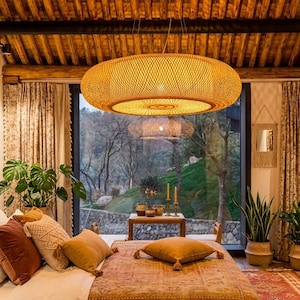 Luminária pendente de bambu Japandi, luminária suspensa tecida em estilo Wabi Sabi, luminária de teto moderna asiática para sala de jantar, cozinha, quarto, luminária de madeira boho.
