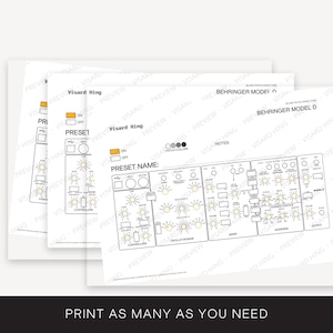 May include: A white paper patch sheet for the Behringer Model D synthesizer, featuring a black line drawing of the control panel with knobs, switches, and the text Visard Hing, Preset Name, and Behringer Model D. The sheet includes an orange on/off toggle.