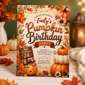 Puede incluir: Una tarjeta de invitación rectangular con hojas de otoño, luces de cadena y calabazas. El texto dice: You're invited to Emily's Pumpkin Birthday Party, Sat October 24, 2:00 PM - 5:00 PM, The Maple House, 216 Harvest Lane, Nashville, TN 37212, RSVP to Sarah 123-456-7890.