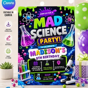 Op de afbeelding: Een Mad Science feestuitnodiging voor de 8e verjaardag van Madison met kleurrijke laboratoriumapparatuur zoals bekers, reageerbuizen en een microscoop op een donkere achtergrond met groene slijmaccenten en tekst met de datum en locatie.