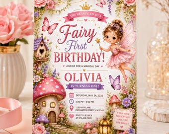 Invitación de primer cumpleaños de hadas, fiesta en un jardín encantado, plantilla floral caprichosa (descarga digital)