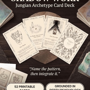May include: A Shadow Work Jungian Archetype card deck featuring 52 printable cards with illustrations and text. Four cards are displayed showing The Mask, The Rule You Learn Too Early, The Passage, and Concentrated Wisdom. Text includes Name the pattern, then integrate it.
