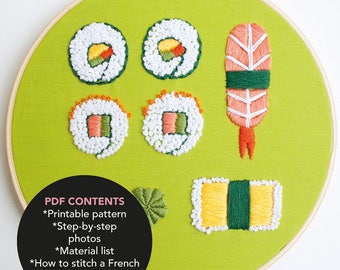 Sushi Roll Hoop Art- PDF Digital Download- Embroidery Pattern- DIY Embroidery- Stitching Pattern