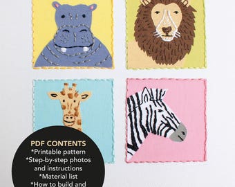 Safari Animal Embroidery Canvas- PDF Digital Download- Embroidery Pattern-  DIY Embroidery- Stitching Pattern