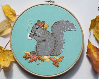 Autumn Squirrel Embroidery Pattern- English- PDF Digital Download- Embroidery Pattern-  DIY Embroidery- Stitching Pattern