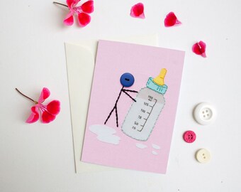 New Baby Greeting Card with Mr. Buttonman, Baby Shower Card, Baby Gift, Baby Girl, Baby Boy, Pink, Blue, Embroidery, Handmade Cards