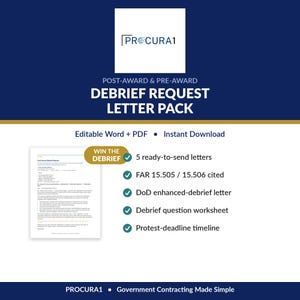 May include: A digital document pack titled PROCURA1 Post-Award & Pre-Award Debrief Request Letter Pack. It includes five ready-to-send letters, FAR 15.505/15.506 citations, a DoD enhanced-debrief letter, a debrief question worksheet, and a protest-deadline timeline.