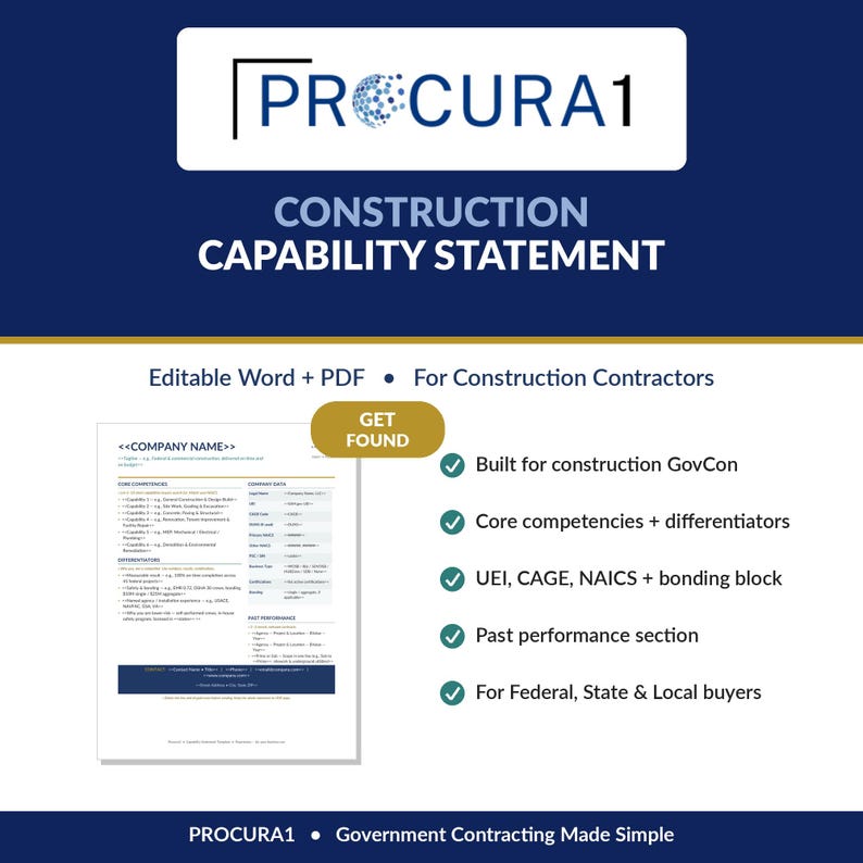 Może przedstawiać: Cyfrowy szablon dokumentu zatytułowany PROCURA1 Construction Capability Statement. Zawiera sekcje dotyczące danych firmy, kluczowych kompetencji i dotychczasowych osiągnięć. Układ zawiera pola tekstowe na kody UEI, CAGE i NAICS dla wykonawc&oacute;w.